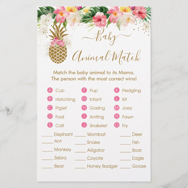 Papier Ananas Floral Baby shower animal match jeu (Devant)