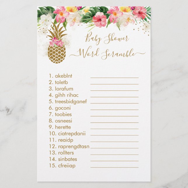 Papier Ananas Floral Baby shower Mot Scramble Jeu (Devant)