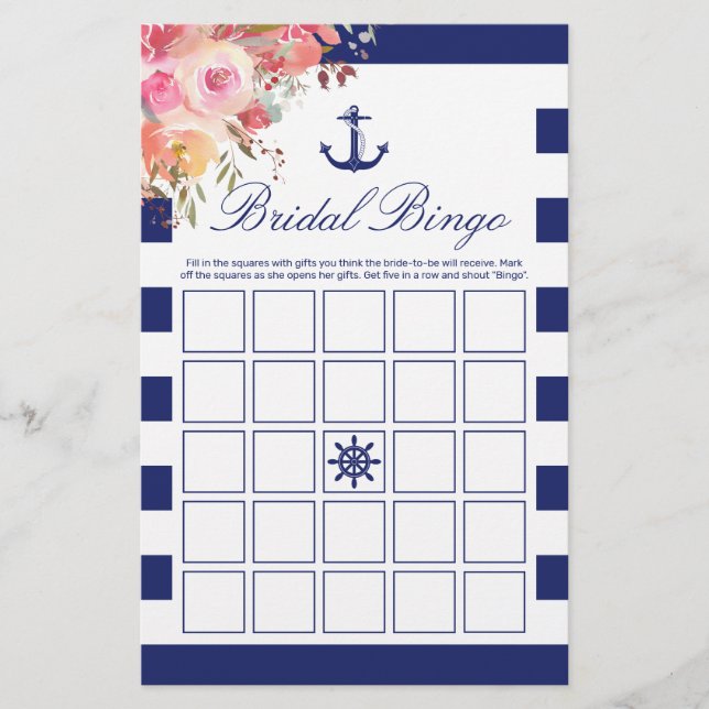 Papier Ancre Bleue Nautique Floral Bridal Jeu de Bingo (Devant)