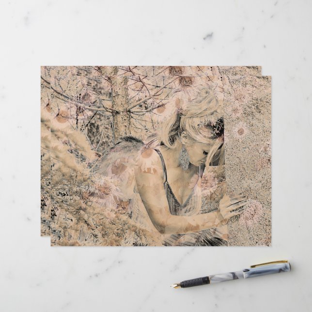 Papier Angel Elegant Boho Floral Antique Sepia (Devant/Arrière en situation)