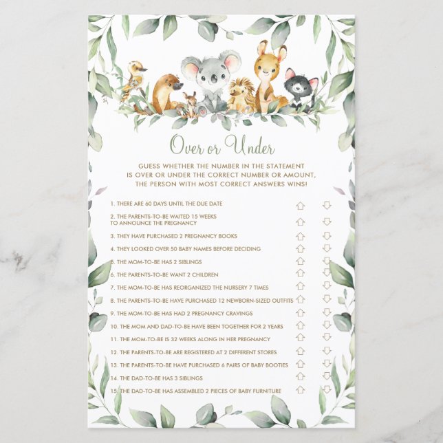 Papier Animaux australiens Baby shower au-dessus ou au-de (Devant)