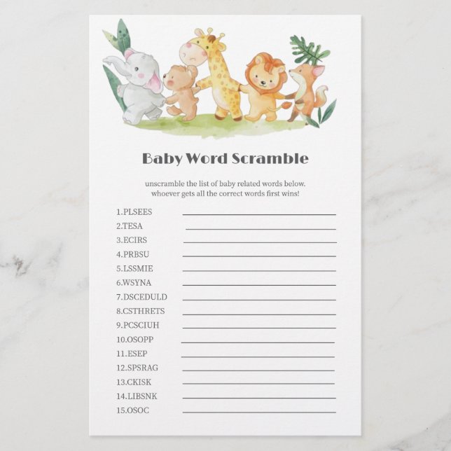 Papier Animaux boisés amusants Baby shower Word Scramble (Devant)