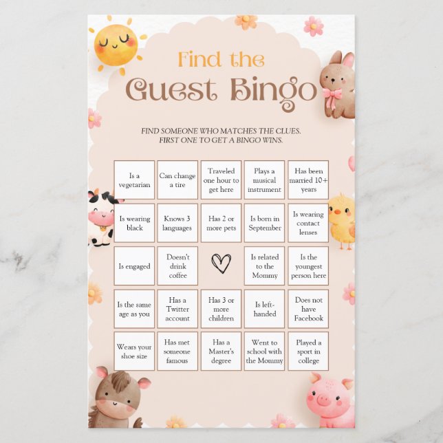 Papier Animaux De Ferme Baby shower Jeu Trouver L'Invité  (Devant)