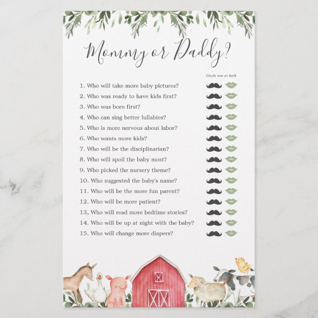 Papier Animaux de ferme Baby shower maman ou papa jeu (Devant)