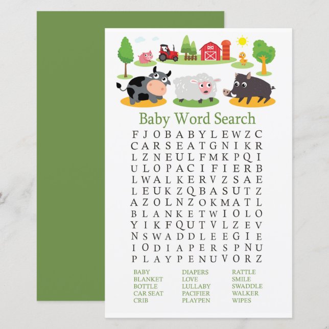 Papier Animaux de ferme Baby shower Mot de recherche Jeu (Devant / Derrière)