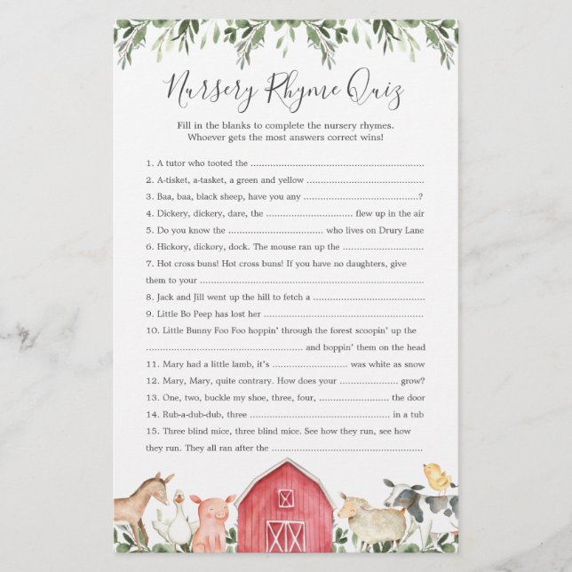 Papier Animaux de ferme Baby shower Nursery Rhyme Jeu (Devant)