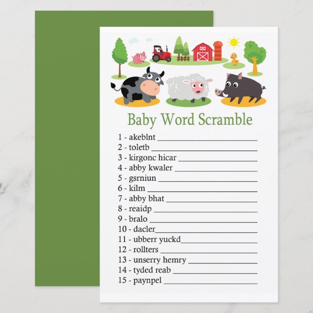 Papier Animaux de ferme Bébé mot scramble jeu (Devant / Derrière)