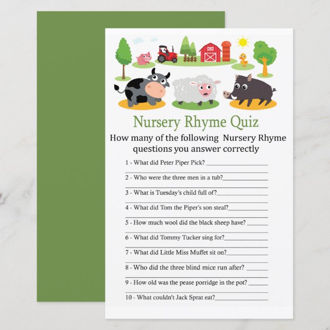 Papier Animaux de ferme Nursery Rhyme Quiz jeu de baby sh (Devant / Derrière)