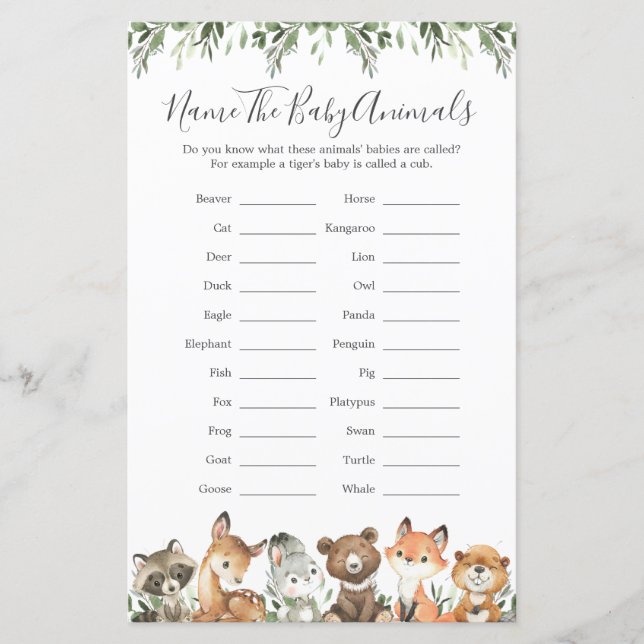 Papier Animaux de forêt Nom du Baby shower Les animaux de (Devant)