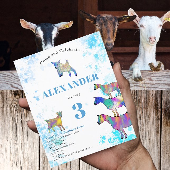 Papier Animaux de la ferme de chèvres 3e fête d'anniversa (Cute goats colorful farm animal watercolor art 3rd birthday party blue budget invitation )