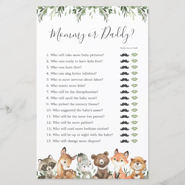 Papier Animaux de la forêt Baby Shower Maman ou Papa (Devant)