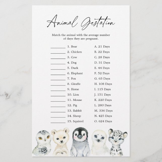 Papier Animaux de l'Arctique Baby shower Animal Gestation (Devant)