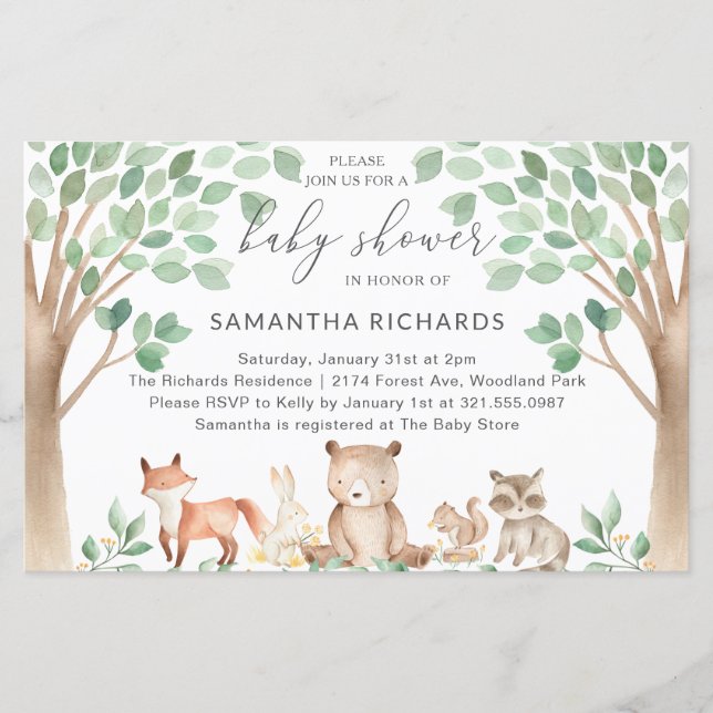 Papier Animaux des bois Invitation Baby shower budgétaire (Devant)