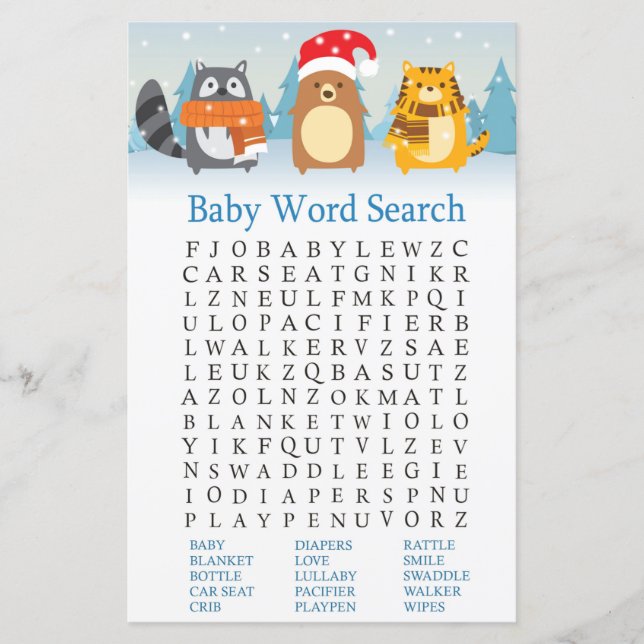 Papier Animaux d'hiver Baby shower Word Search Jeu (Devant)