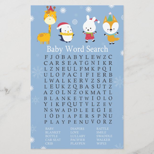 Papier Animaux d'hiver Baby shower Word Search Jeu (Devant)