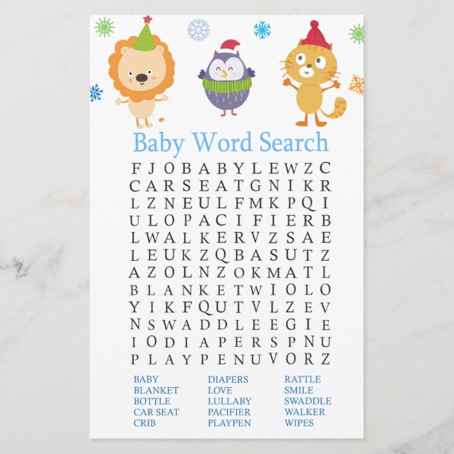 Papier Animaux d'hiver Baby shower Word Search Jeu (Devant)