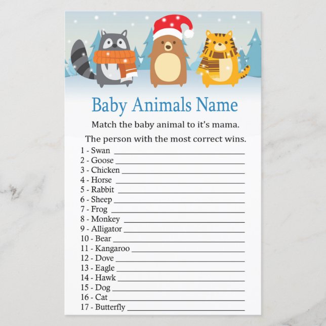 Papier Animaux d'hiver Bébé Animaux Nom baby shower de je (Devant)