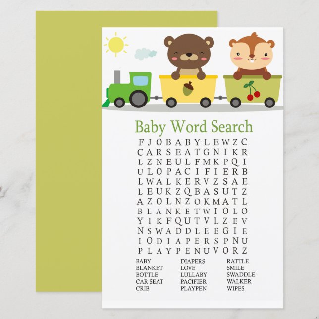 Papier Animaux train Baby shower Word Search Jeu (Devant / Derrière)