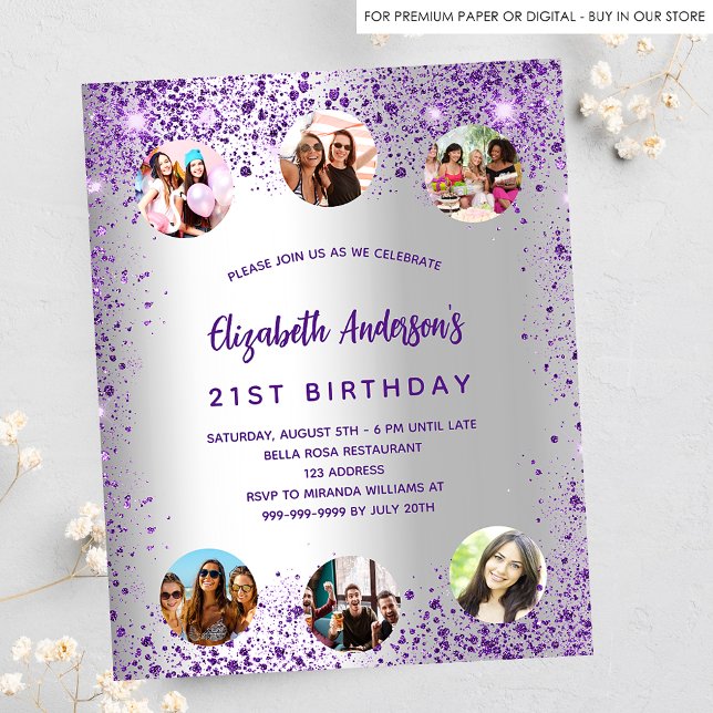 Papier Anniversaire argent violet photo invitation budget (Créateur téléchargé)