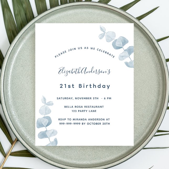 Papier Anniversaire blanc bleu eucalyptus invitation budg (Créateur téléchargé)