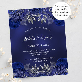 Papier Anniversaire bleu marine fleurs budget invitation