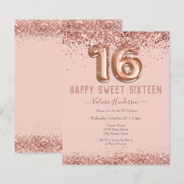 Papier Anniversaire de 16 ans Glitter Rose Pâle Joyeux (Devant / Derrière)
