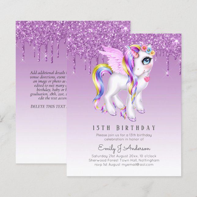 Papier ANNIVERSAIRE DE ENFANT BUDGET Invitation violet Un (Devant / Derrière)