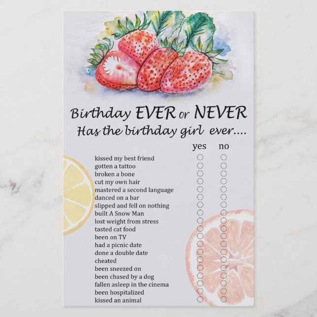 Papier Anniversaire de fraises jamais ou jamais jeu (Devant)
