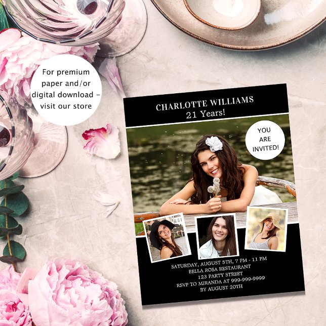 Papier Anniversaire fête noir blanc photo invitation (Créateur téléchargé)