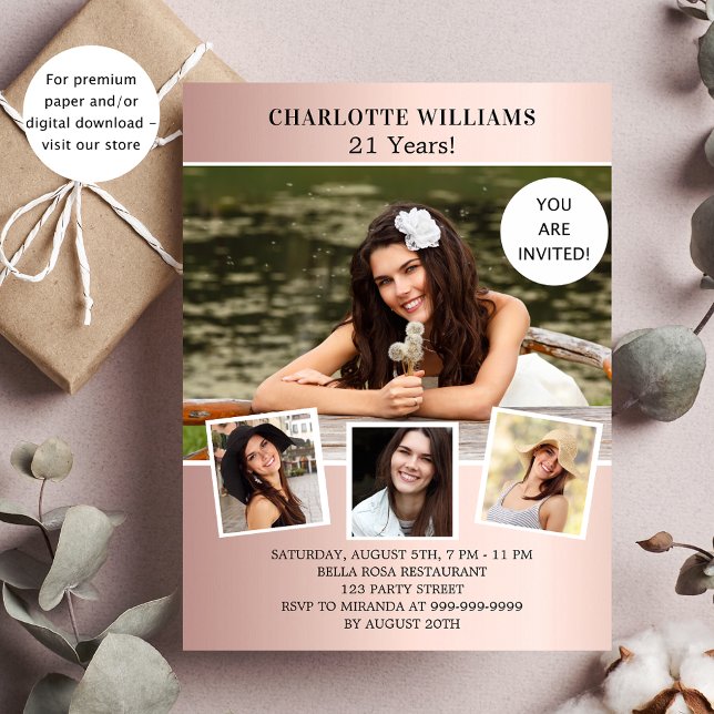 Papier Anniversaire fête rose or photo budget invitation (Créateur téléchargé)