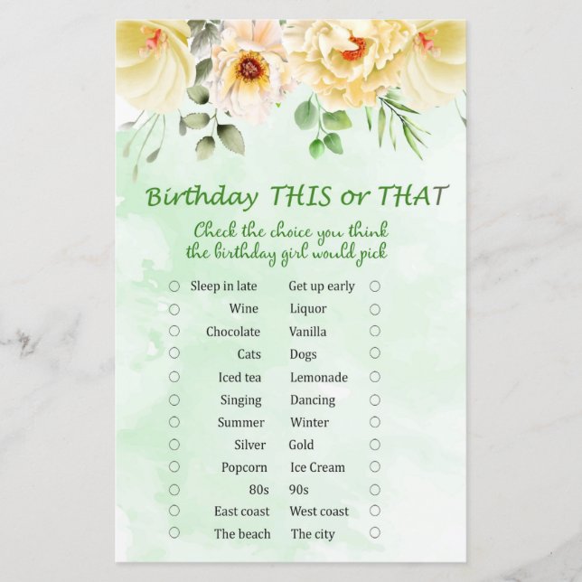 Papier Anniversaire Floral Ce ou ce jeu (Devant)