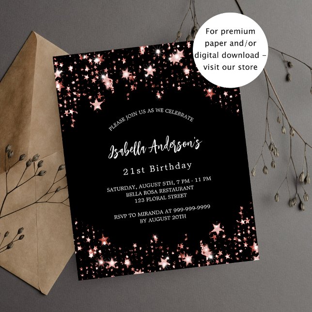 Papier Anniversaire noir rose or étoiles invitation (Créateur téléchargé)