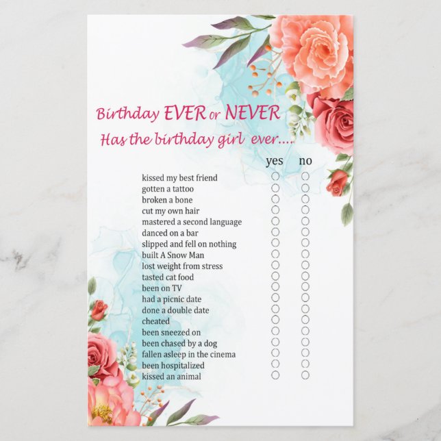 Papier Anniversaire rose Jamais ou jamais Jeu (Devant)