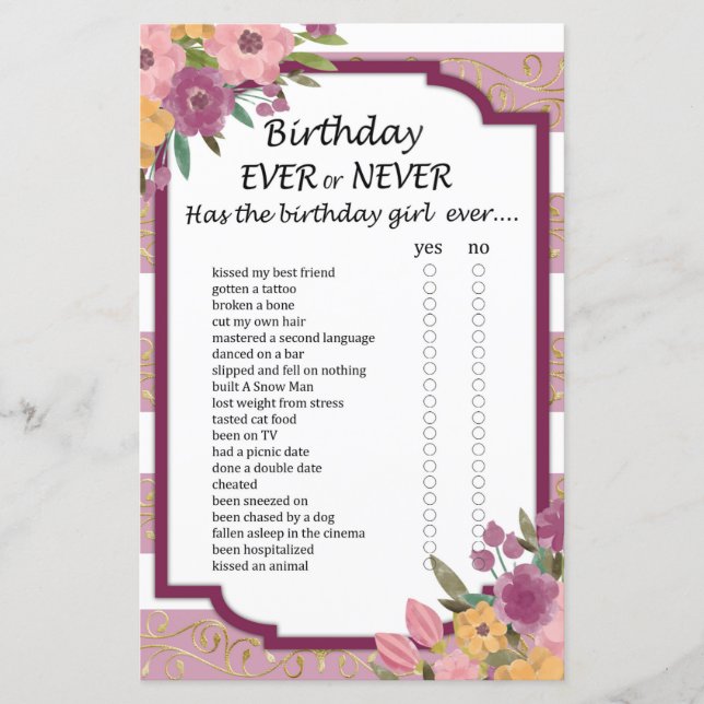 Papier Anniversaire rose rayé jamais ou jamais jeu (Devant)