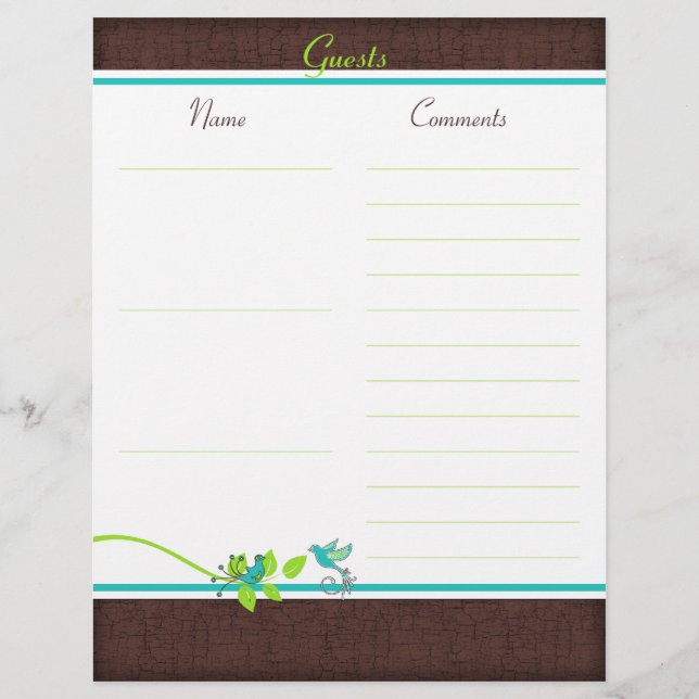 Papier Aqua, Blanc, Brown, Oiseaux verts Livre d'or Livre (Devant)