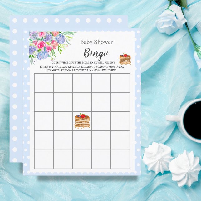 Papier Aquarelle Berry Pancake Blue Baby shower Bingo (Experience the enchantment of a Watercolor Berry Pancake Blue Gingham-themed Baby Shower.)