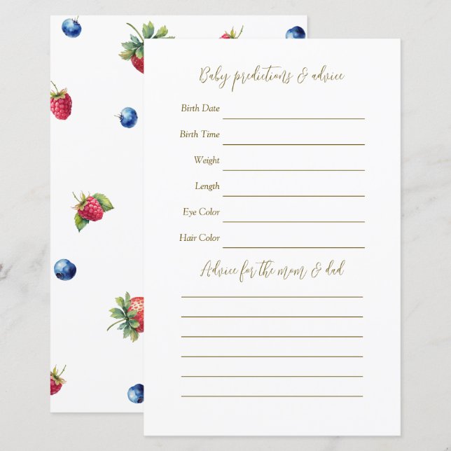 Papier Aquarelle Berry Sweet Baby shower Guesser Jeu (Devant / Derrière)