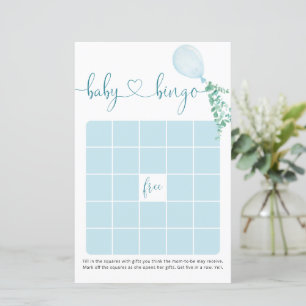 Papier Aquarelle bleu Baby shower Bingo Jeu