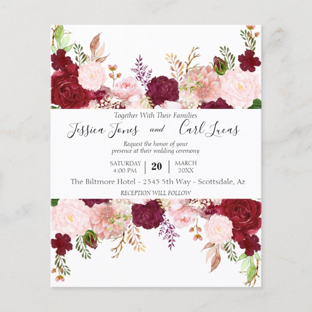 Papier Aquarelle bleu rose bordeaux Budget floral (Devant)