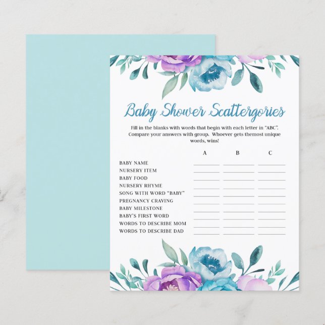 Papier Aquarelle bleue Baby shower floral (Devant / Derrière)