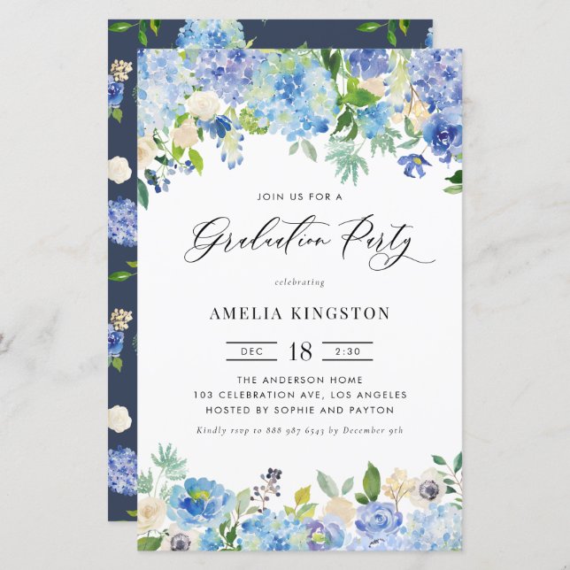Papier Aquarelle Blue Hydrangea Graduation Party Invitati (Devant / Derrière)