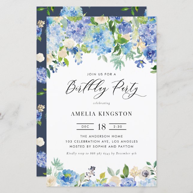 Papier Aquarelle Blue Hydrangea Invitation d'anniversaire (Devant / Derrière)
