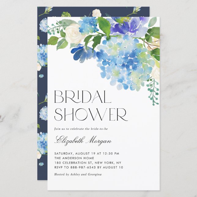 Papier Aquarelle Blue Hydrangea Invitation de douche nupt (Devant / Derrière)