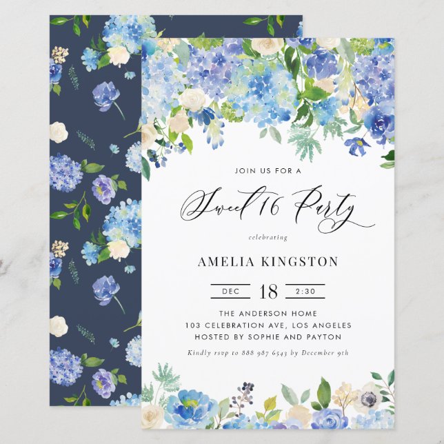 Papier Aquarelle Blue Hydrangea Sweet sixteen Invitation (Devant / Derrière)