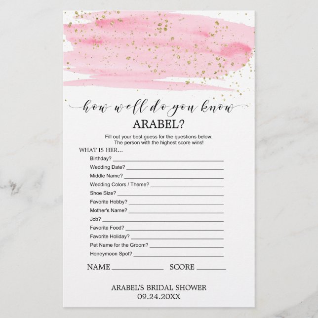 Papier Aquarelle Blush & Gold What's In Your Purse Game (Devant)