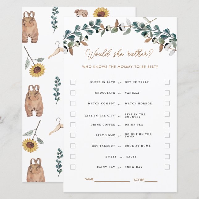 Papier Aquarelle Boho Genre Neutre Baby shower Jeux (Devant / Derrière)