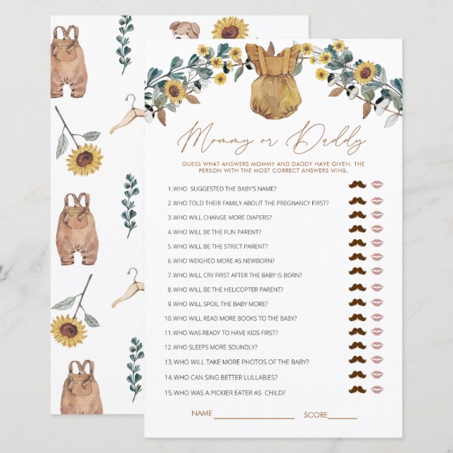 Papier Aquarelle Boho maman ou papa Baby shower jeu (Devant / Derrière)