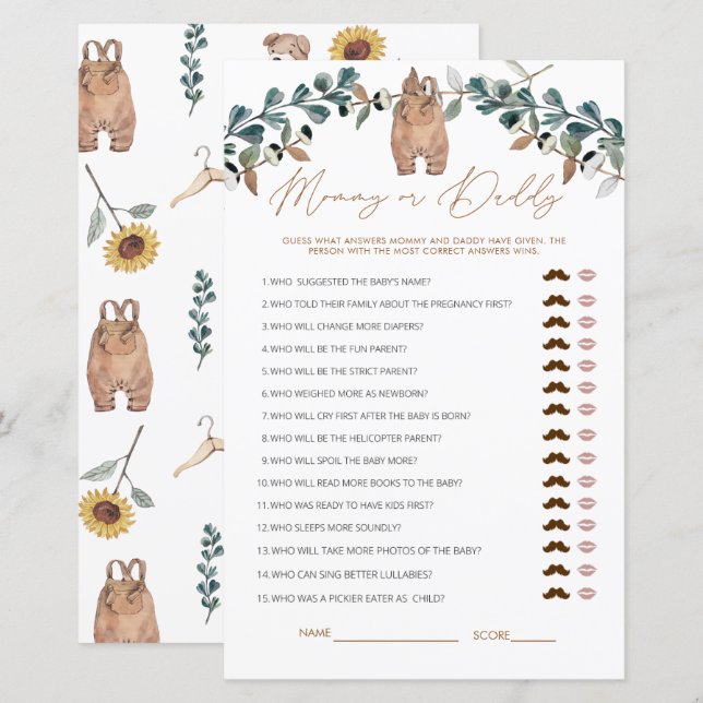 Papier Aquarelle Boho maman ou papa Baby shower jeu (Devant / Derrière)