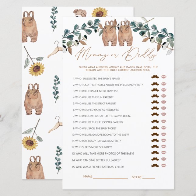 Papier Aquarelle Boho maman ou papa Baby shower jeu (Devant / Derrière)