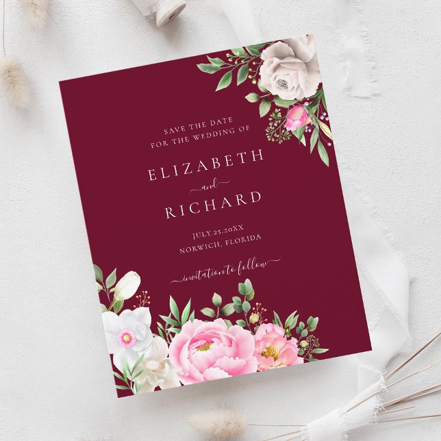 Papier Aquarelle Bourgogne Mariage Floral Enregistrer La  (Créateur téléchargé)